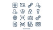 © Klr - Cybersecurity privacy icon set. Identity verification vector line art. Digital protection technology. Padlock shield fingerprint face scan server firewall. Secure network data safety.
