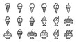 © Klr - Outline vector icon set of ice cream cones and sundaes. Minimalist dessert illustrations collection with various ice cream cone, scoop, and sundae cup designs arranged cleanly on white background
