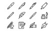 © Ron - Writing tool line icons set. Pen and pencil. Office stationery. School education. Fountain pen. Marker. Feather quill. Paintbrush. Minimalist vector outline. Linear stroke style.