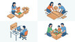 © Ron - Isometric vector illustration set of customer unboxing scenes for online shopping. Features unpacking clothes, assembling flat-pack furniture, setting up a new laptop, and family grocery delivery.