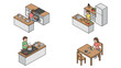 © Ron - Isometric vector illustration set of people cooking in a kitchen, featuring scenes of baking cookies, chopping fresh vegetables, stirring soup on a stove, and eating a meal at a dining table.