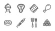© Kle - Barbecue grill vector icon set. Minimalist line art meat collection. Summer bbq party elements. Steak ribs chicken burger skewer tools. Picnic food symbols. Charcoal cooking outlines.