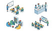 © Kle - Isometric vector illustration set of classroom learning scenes with students and teachers, math lesson, science laboratory, reading area, and presentation class concept on white background