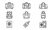 © Griel - Minimalist line art travel icons set. Airport luggage, suitcase, backpack, duffel, tote bag, passport, boarding pass, and luggage tag vector collection. Modern outline design isolated on white.