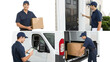 © Griel - Delivery driver set. Courier man in uniform holding package box, ringing doorbell, checking tablet map and loading cargo van. Logistics shipping service and transportation concept.