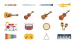 © Aer - Musical instruments icon set vector collection. Flat design music class equipment. Orchestra band sound. Guitar piano violin drums trumpet. Education melody rhythm. Isolated graphic.