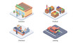 © Aer - Isometric grocery shopping set. Supermarket store entrance. Customers buying produce. Cashier checkout counter. Loading car. Retail business concept. Vector illustration. Market. 3d.