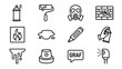 © Klm - Street art, graffiti icons set. Spray paint can, gas mask, marker, brick wall tag. Urban culture vector collection. Minimalist outline style. Hip hop elements. Vandalism tools.