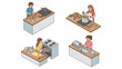 © Klm - Isometric kitchen cooking set. Man chopping vegetables. Woman stirring soup. Baking in oven. Washing dishes. Domestic culinary routine. Meal preparation. Vector illustration.