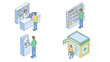 © Klrng - Isometric pharmacy shopping scene illustration set. Customer service counter drugstore shelf medication purchase. Healthcare retail store building exterior. Medical consultation vector collection