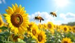 © Masteran - Bees fly among bright sunflowers in a sunny field against a vivid blue sky