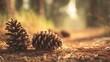 © Anastasiia - Two pinecones resting on a sunlit forest floor with pine needles and a warm golden glow. Concept Pinecones on a sunlit forest floor, Golden hour woodland lighting, Pine needles texture close-up
