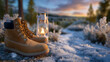 © Maksym - Macro perspective of work boots and lantern, snow crystals sparkling in golden sunset light, path fading into soft-focus winter forest, warm and inviting winter atmosphere