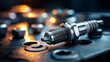 © Kateryna Arkhypova - Close-up shot of glow plug and wrench, automotive engine detail, mechanical component, repair tools, precision parts, defocused workshop surface, with copy space
