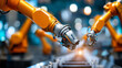 © Kateryna Arkhypova - Side view of humans and robots working parallel on assembly line, faceless workers, automotive interiors production, orange robotic arms, focused collaboration, defocused factory, with copy