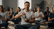 © OlgaNeuroArt - Group meditation session with a singing bowl. Man leading sound therapy in a bright yoga studio. Diverse people practicing mindfulness and relaxation for mental health and wellness