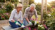 © Gab - Happy senior couple gardening together in sunny backyard. Active retirement lifestyle concept. Elderly husband and wife planting flowers. Healthy outdoor hobby. Nature care. Spring.