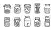 © Furina - Zero waste glass jars vector set. Minimalist line art icons of reusable containers, spice jars, herbs, seeds, and storage bottles in clean outline style for sustainable kitchen and eco lifestyle