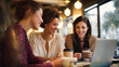 © Alexander - Hyperrealistic premium commercial stock photo of three or four women working together at a table in a coffee shop, smiling and discussing ideas, laptops open, coffee cups and noteb