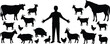 © Shoentesh - Farmer with farm animals silhouette vector illustration, agriculture concept design, livestock farming artwork, rural countryside life graphic, domestic animals collection, farming lifestyle art
