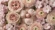© Graphic Genius - Lush pink roses ranunculus and cherry blossoms fill the frame in a beautiful flat lay composition, creating a soft, romantic, and elegant floral pattern