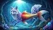 © Wattana - A mermaid with a fox-like head and body swimming in a underwater cave with colorful coral and fish.