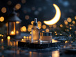© PutriKartika - Serene Ramadan Night Scene with Cosmetic Products under Moonlight, Crescent Moon Visible, Lanterns and Lights Shining, Products Displayed on Dark Surface