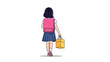© Darwin - Back view of a young school girl with long dark hair wearing a backpack and carrying a bag as she walks toward her school building.