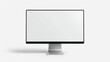 © TANJILAAMAN - Front-facing desktop computer monitor featuring a slim black bezel and silver aluminum stand on a blank white screen. The design boasts a clean, minimalistic aesthetic with modern technology elements.
