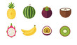 © ma - Assorted tropical fruits collection including pineapple watermelon mangosteen coconut dragon fruit banana passion fruit and kiwi in flat vector icon style