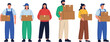 © MstBobita - Warehouse workers and delivery staff illustration set showing people carrying boxes, logistics teamwork, and moving services in flat vector style