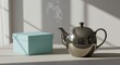 © Png  stock - Steaming silver teapot and blue gift box on table indoors
