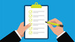 © VectAmaze - business checklist clipboard with hand holding pen task management planning and completion concept flat vector illustration