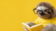 © MdLutfur - A sloth wearing glasses and a yellow shirt reads a book against a bright yellow background.