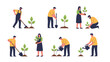 © AldiSetiawan07 - Illustration of people planting trees in various stages with shovels and watering cans against a clean white background.