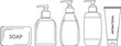 © Vectorial Arts - Outline hygiene product icons set featuring soap bottles pump dispensers and antibacterial tube packaging for personal care skincare health safety and bathroom design projects