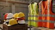 © Satriyo - Essential safety gear a display of various colored hard hats alongside high-visibility reflective vests, ready for use on a bustling construction site, emphasizing workplace safety standards