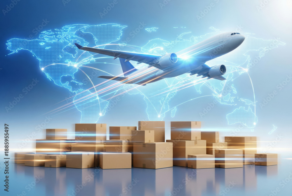 An airplane transports cargo above a stack of boxes. A digital map ...