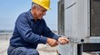 © Николай Срибяник - Senior Hispanic maintenance technician wearing yellow hard hat and blue uniform tightening bolt on rooftop HVAC air conditioning unit with wrench