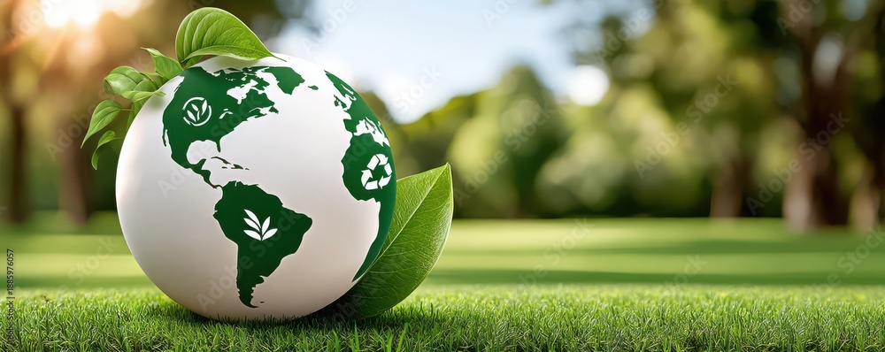 Globe on grass with green leaf icons symbolizing environment and sustainability in nature setting