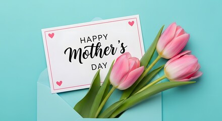  Happy mother's day greeting card with pink tulips on blue background