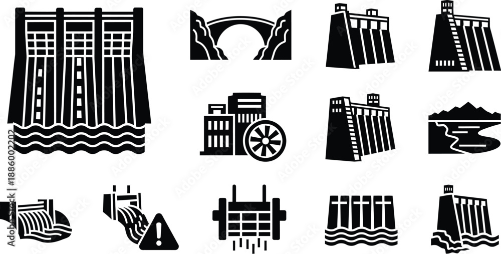 Dam construction power grid industrial icons. Hydroelectric power ...