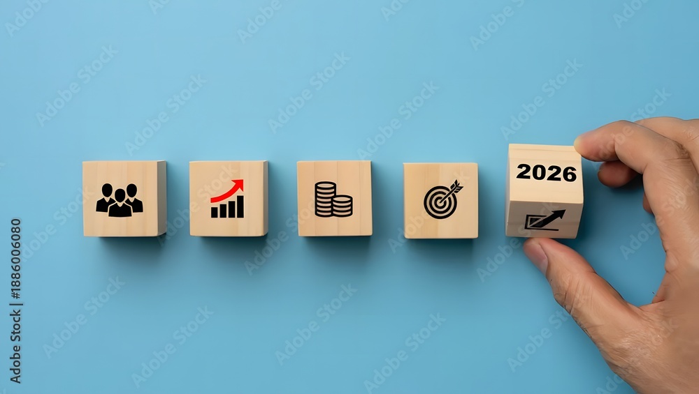 2026 business strategy planning concept with hand placing wooden blocks ...