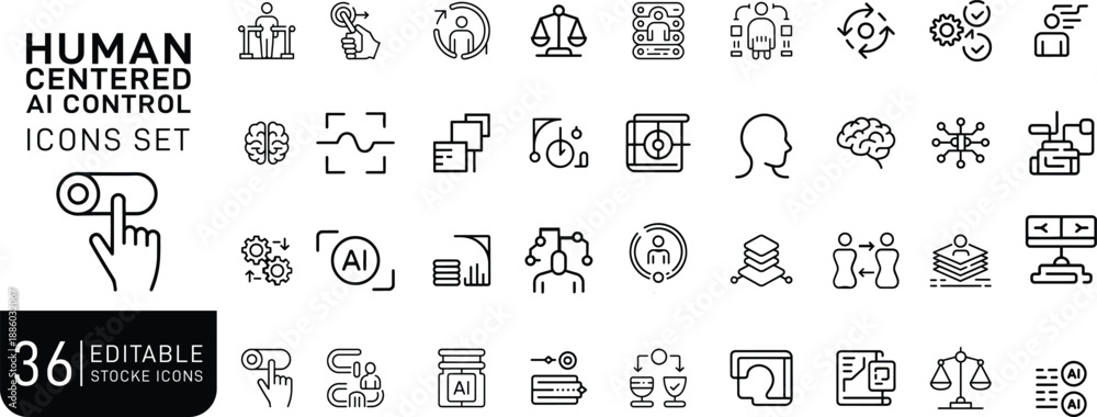 Human Centered AI Control Line Icon Set for Ethical Artificial ...