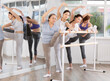 © JackF - Group of women beginners doing stretching exercises at barre in dance studio