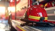 © faiz_99 - Close-up of red firefighter helmet on a fire truck in a fire station, shallow depth of field, emergency and safety service concept.