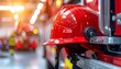 © faiz_99 - Close-up of red firefighter helmet on a fire truck in a fire station, shallow depth of field, emergency and safety service concept.