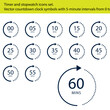 © Mahmudul - Timer and stopwatch icons set. Vector countdown clock symbols with 5-minute intervals from 0 to 60 minutes.