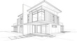© Bappi - Minimalist architectural line art of a two story modern house with floor to ceiling glass windows and patio design