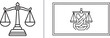 © Nur - A set of two minimalist line-art icons representing justice and law. It features traditional scales of justice and a modern, geometric variation of the scales enclosed within a rectangular border.
